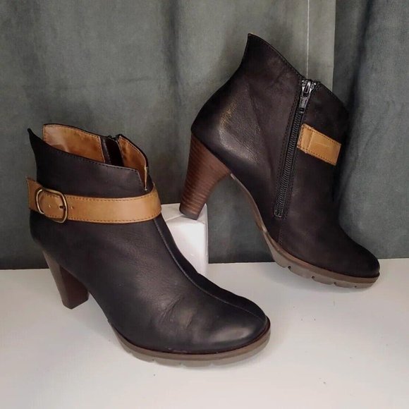 Paul Green Munchen Black Leather Side Zip Ankle Boots w/ Brown Strap UK 3, US 5 - Picture 2 of 9